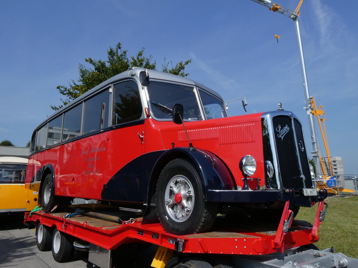(266'330) - S�tterlin, Sch�nenbuch - BL 6671 - Saurer/Gangloff (ex Geiger, Adelboden Nr. 11; ex P 23'100; ex P 2153) am 31. August 2024 in Oberkirch, CAMPUS Sursee 