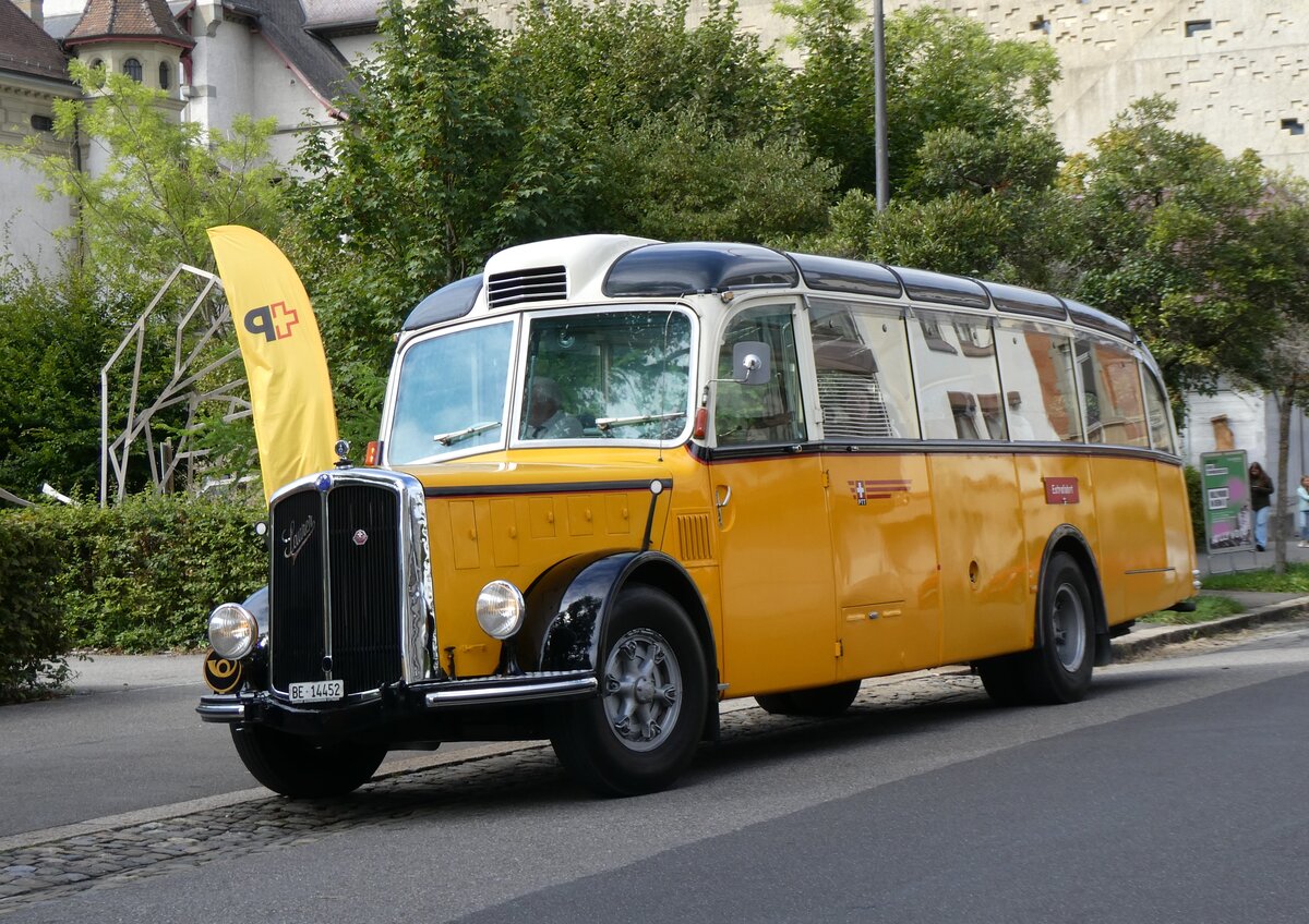 (267'031) - M�ller, Uttigen - BE 14'452 - Saurer/Eggli (ex Tschannen, Arth; ex OPC Ennetb�rgen Nr. 2; ex M+79'513; ex P 23'153; ex P 2240) am 14. September 2024 in Bern, Museum f�r Kommunikation  