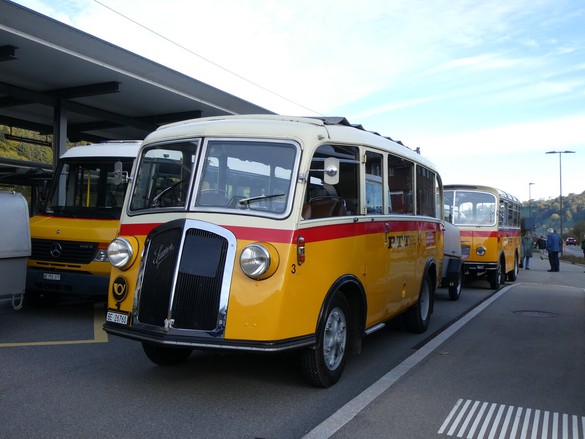 (267'998) - Schmid, Th�rishaus - Nr. 3/BE 26'760 - Saurer/Gangloff (ex Geiger, Adelboden Nr. 3) am 12. Oktober 2024 beim Bahnhof Reichenbach