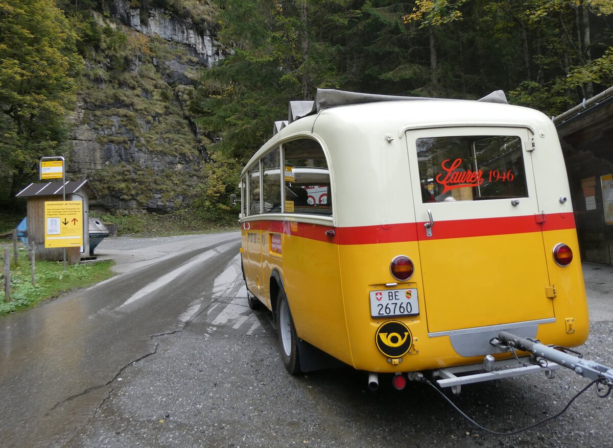 (268'060) - Schmid, Th�rishaus - Nr. 3/BE 26'760 - Saurer/Gangloff (ex Geiger, Adelboden Nr. 3) am 12. Oktober 2024 in Kiental, Tschingel