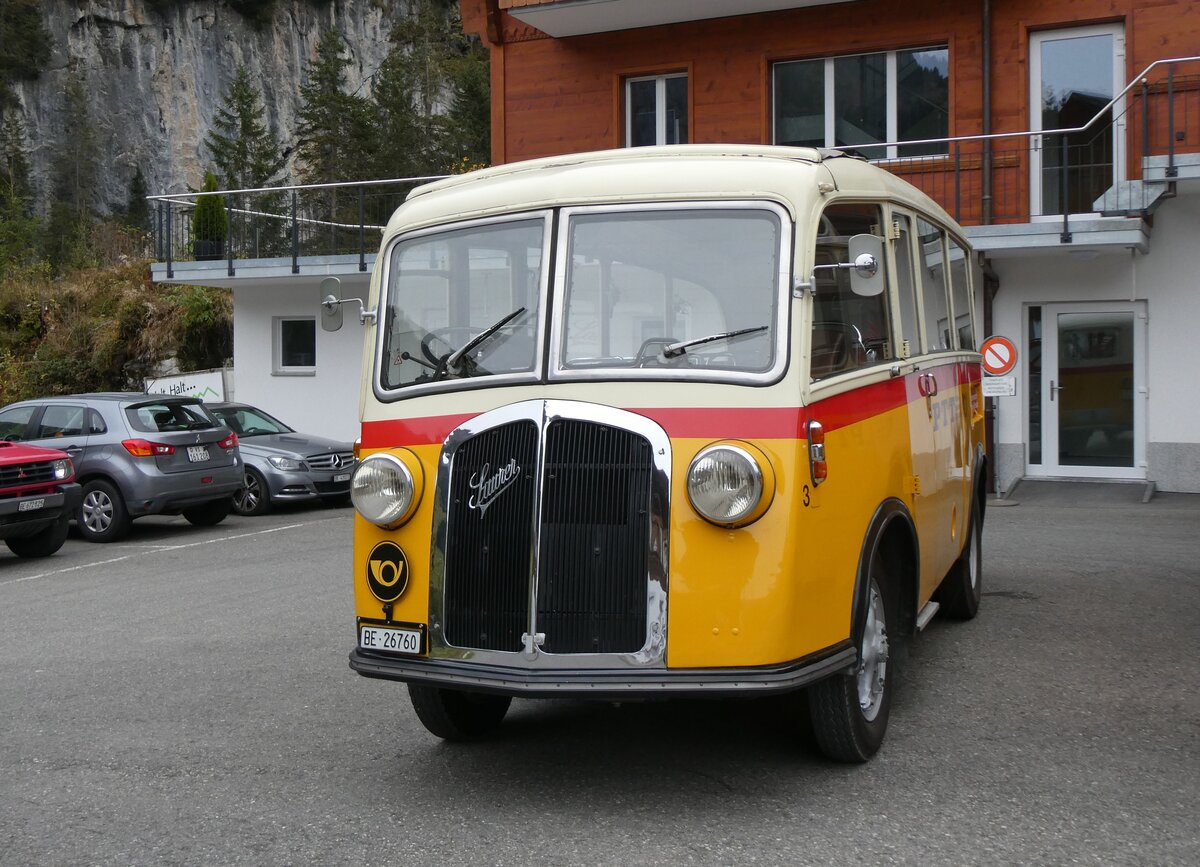 (268'142) - Schmid, Th�rishaus - Nr. 3/BE 26'760 - Saurer/Gangloff (ex Geiger, Adelboden Nr. 3) am 12. Oktober 2024 auf der Griesalp