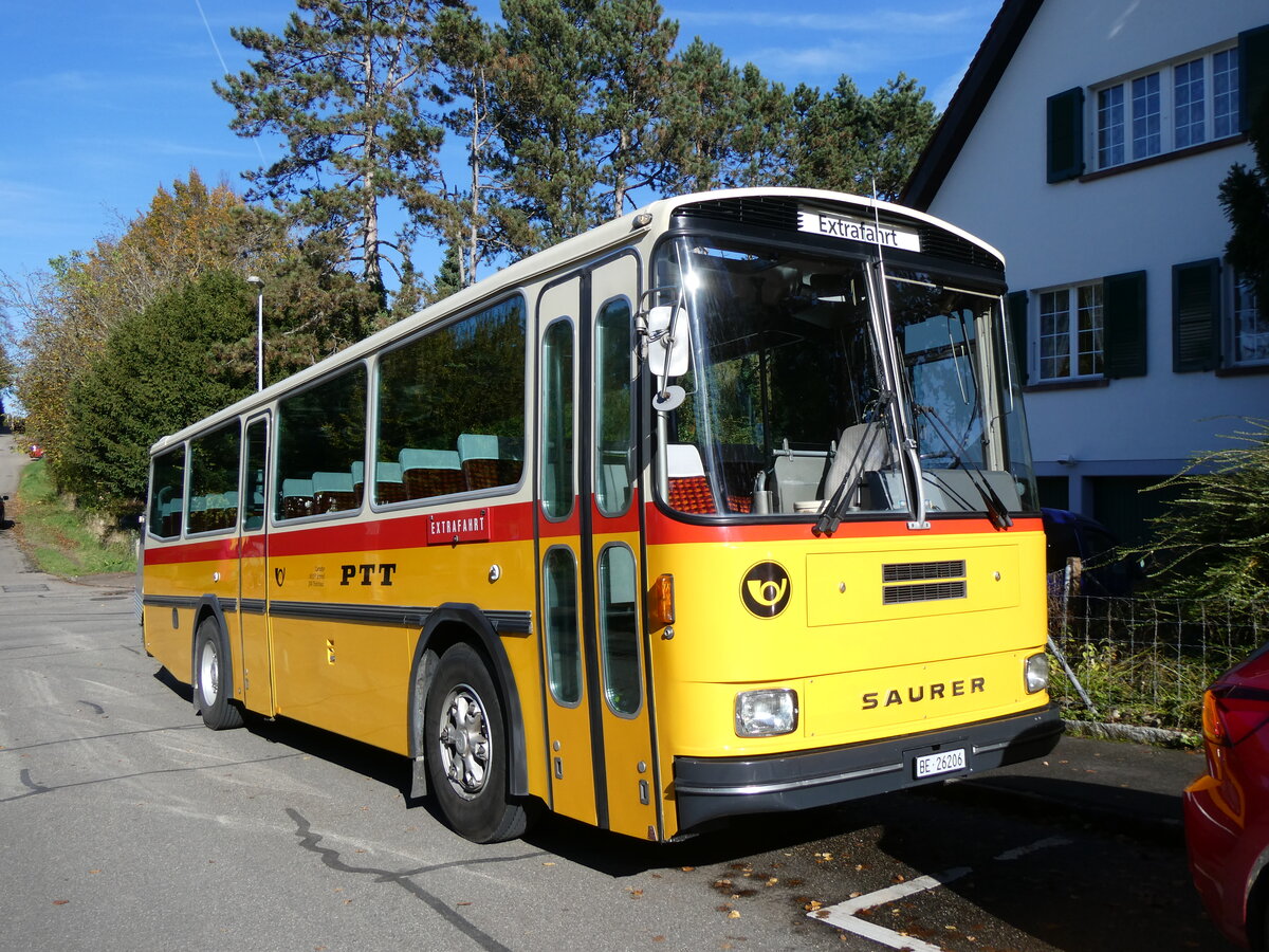 (268'437) - Schmid, Th�rishaus - BE 26'206 - Saurer/T�scher (ex P 24'244) am 25. Oktober 2024 in Bottmingen, Astershagstrasse