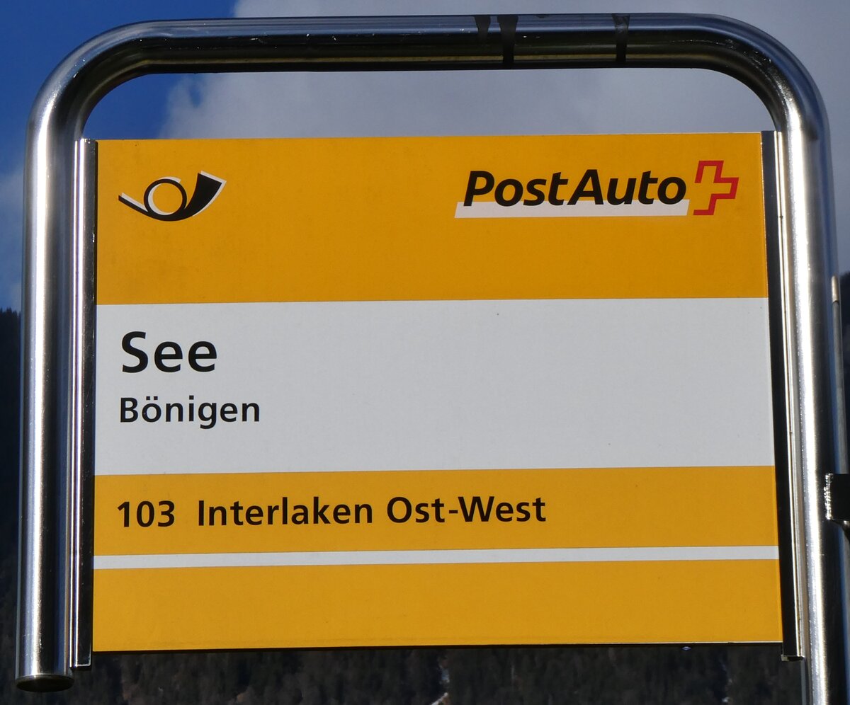 (270'735) - PostAuto-Haltestellenschild - B�nigen, See - am 7. Januar 2025