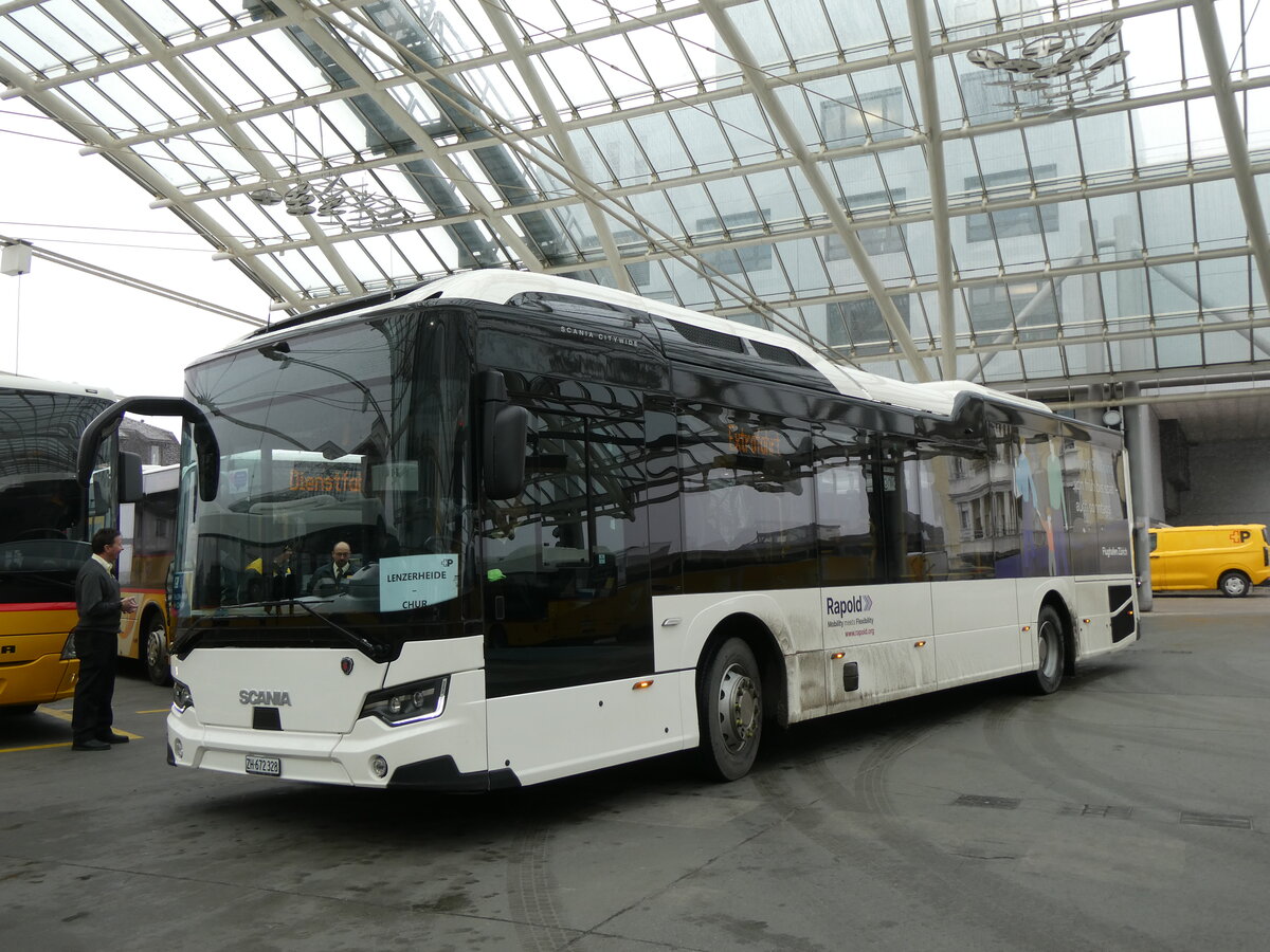 (271'965) - Rapold, Rheinau - ZH 672'328 - Scania (ex PostAuto Nordschweiz PID 11'903) am 14. Februar 2025 in Chur, Postautostation