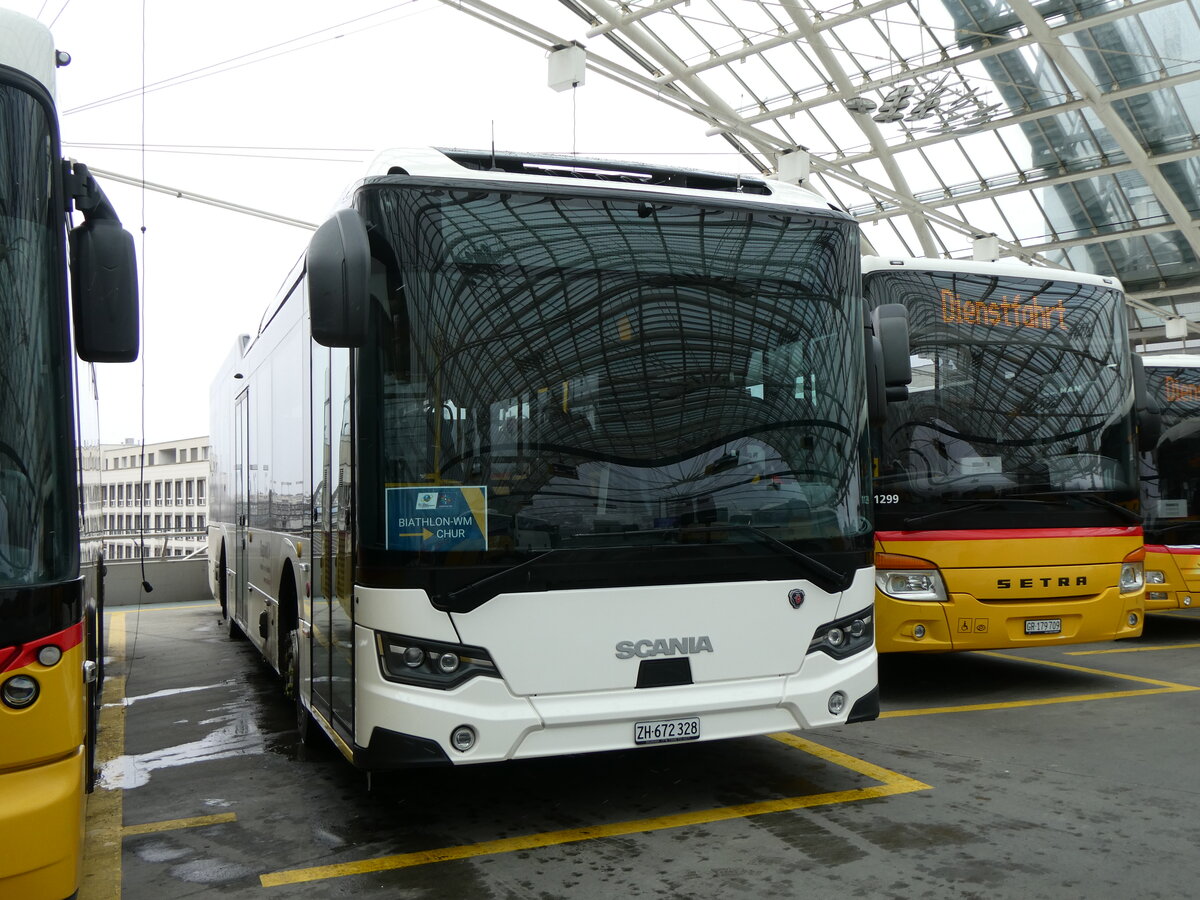 (271'975) - Rapold, Rheinau - ZH 672'328 - Scania (ex PostAuto Nordschweiz PID 11'903) am 14. Februar 2025 in Chur, Postautostation