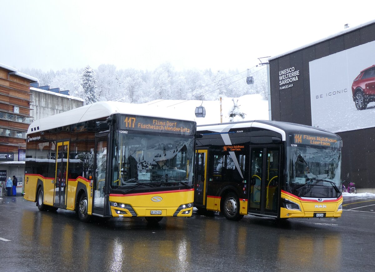 (272'872) - PostAuto Graub�nden - GR 162'994/PID 12'082 - eSolaris am 14. M�rz 2025 in Flims, Bergbahnen