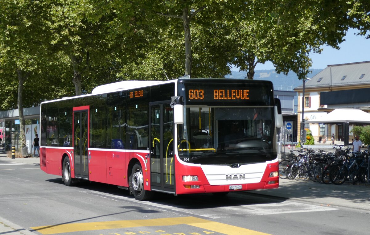 (278'757) - TRAVYS Yverdon - Nr. 104/VD 375'401 - MAN (ex Dr. Richard, A-Wien) am 9. August 2025 beim Bahnhof Yverdon