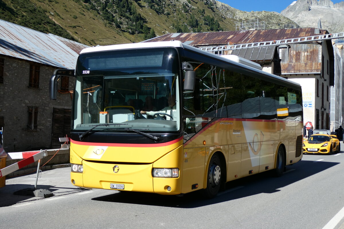 (279'866) - PostAuto Zentralschweiz - Nr. 406/OW 10'006/PID 5538 - Irisbus (ex Nr. 3; ex Dillier, Sarnen Nr. 3) am 3. September 2025 in Gletsch, Post