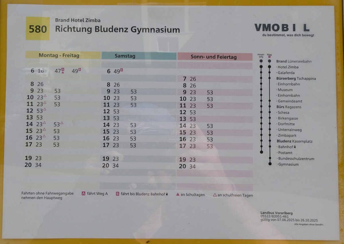(280'640) - Landbus Vorarlberg-Fahrplan ab Brand, Hotel Zimba nach Bludenz, Gymnasium am 21. September 2025 in Brand, Hotel Zimba