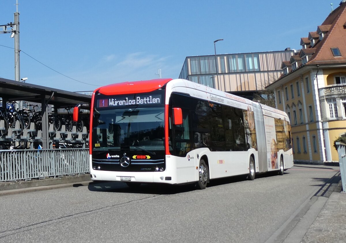 (285'561) - RVBW Wettingen - Nr. 104/AG 56'616 - eMercedes am 19. M�rz 2026 beim Bahnhof Baden