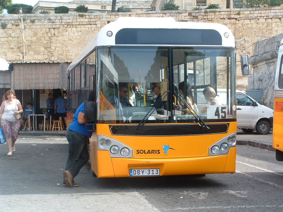 DBY 313
2003 Solaris Valletta
Solaris B45F

Delivered new to Malta.  Photographed at City Gate Terminus, Valletta, Malta on 14th October 2010.