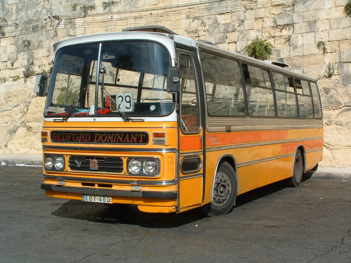 EBY 480
1976 Bedford YLQ
Duple Dominant C45F
New as OWV 439R to Alpha, Brighton.

Previously carried Y-1181 & Y-0480 in Malta.

Photographed at the bus layover area, Valletta, Malta 27th September 2005.