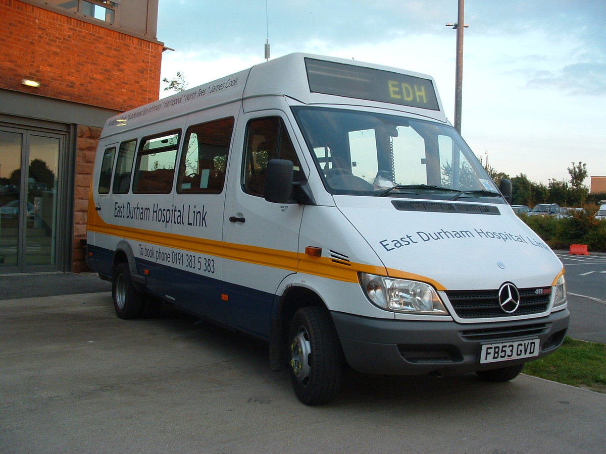FB53 GVD
2003 Mercedes Benz 411CDi
Koch B16F

Photographed at James Cook University Hospital, Middlesbrough, England on 20th September 2008.

This was one of five Sprinters acquired by Scarlet Band for operation of a demand responsive service between the East Durham area to hospitals in Cleveland (James Cook, North Tees and Hartlepool Hospitals) and Sunderland (Sunderland Royal & Sunderland Eye Hospital), on behalf of Durham County Council & Tyne, Wear & Tees NHS Trust.