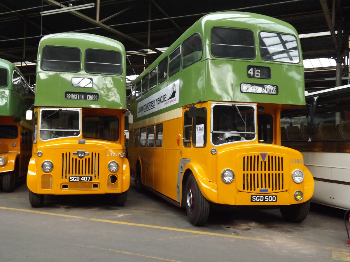 SGD 407 (L405) & SGD 500 (A350)

L405 - 1960 Leyland PD3
Alexander H41/31F
Glasgow Corporation L405

A350 - 1961 AEC Regent V
Alexander H41/31F
Glasgow Corporation A350

Photograph taken at Bridgeton Bus Garage, Glasgow, Scotland, home of the Glasgow Vintage Vehicle Trust on Sunday 11th October 2015.