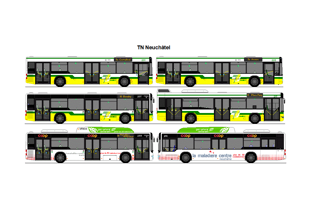 TN Neuch�tel - Nr. 201/NE 114'201 + Nr. 228/NE 111'228 - MAN NL� 283 + Nr. 207/NE 114'207 - MAN Lion's City NL + Nr. 217/NE 99'217 - Volvo 7700 + 2 x Nr. 299/NE 74'299 - MAN Lion's City NL CNG
