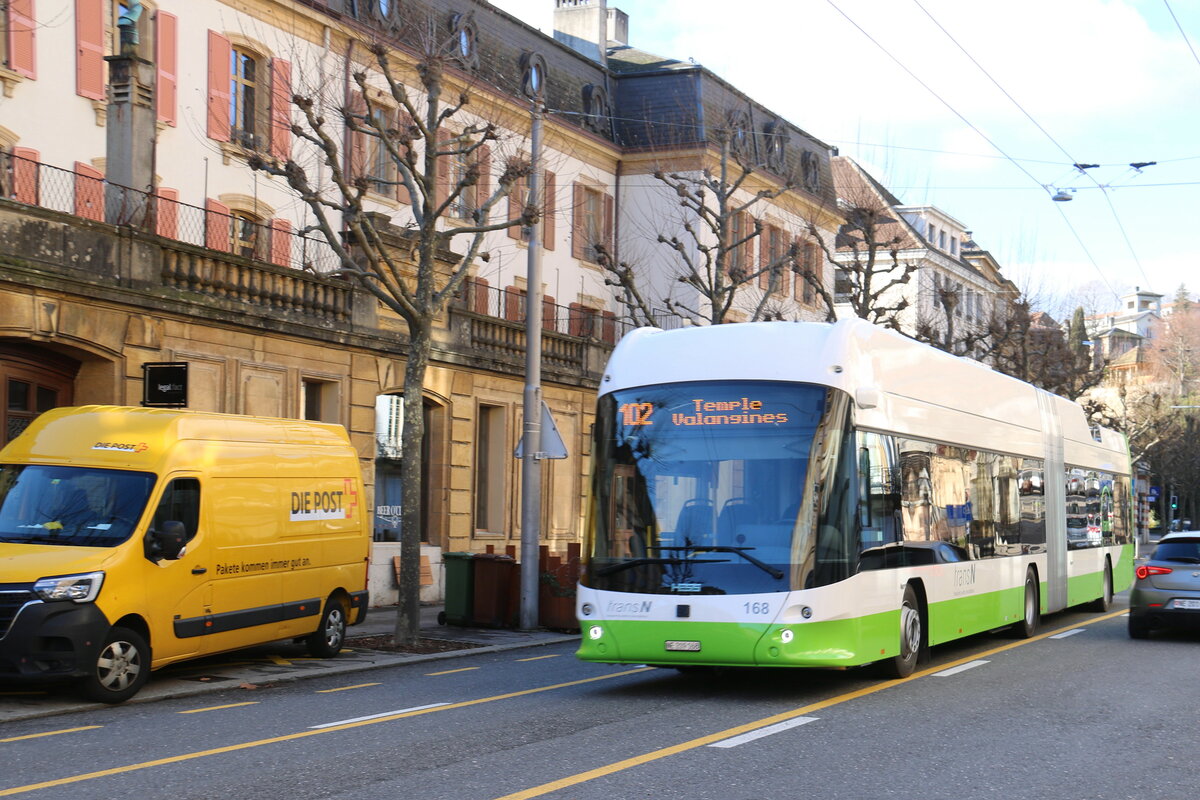transN, La Chaux-de-Fonds - Nr. 168/NE 209'168 - Hess/Hess Gelenktrolleybus am 15. Dezember 2023 in Neuch�tel, Place Pury (Aufnahme: Martin Beyer)