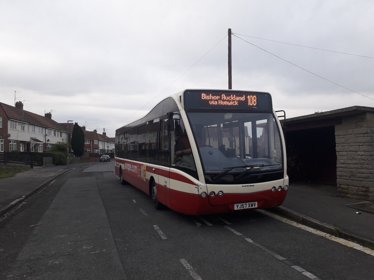 YJ57 XWV is a 2008 Optare Versa, seating 37.  New to Lancashire United as their fleet number 272, it is seen here on 6th June 2022 at the Willington, County Durham, terminus of service 108 (Bishop Auckland - Willington).

Now owned by Scarlet Band Bus & Coach Limited, West Cornforth, County Durham.