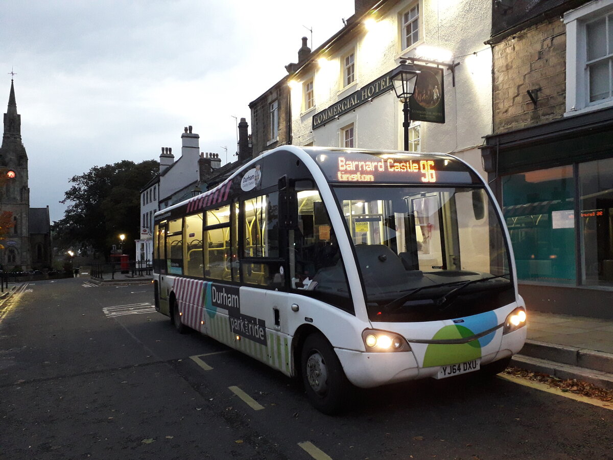 YJ64 DXU, a 2014 Optare Solo SR, branded for Durham City Park & Ride services, is seen here in Barnard Castle, County Durham, after completing the last service 96 (Middleton in Teesdale - Barnard Castle) on Saturday 15th October 2022.  This was possibly the first time this bus has operated services out of Barnard Castle, and probably the last, as its' operator, Scarlet Band Bus & Coach Limited, ceases to trade after services on Saturday 29th October 2022.233
