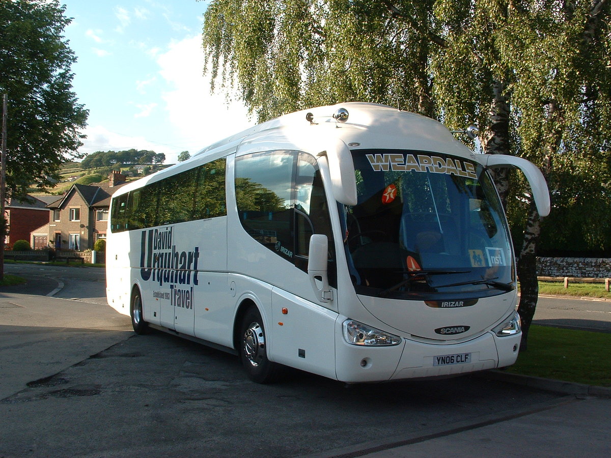 YN06 CLF
2006 Scania K114
Irizar C49Ft
New to Scania, Worksop, England, as a demonstrator.  Seen operating with Weardale Motor Services, Stanhope, County Durham in David Urquart Holidays livery.

Photo taken at their depot at Stanhope, County Durham, England on 8th July 2007.