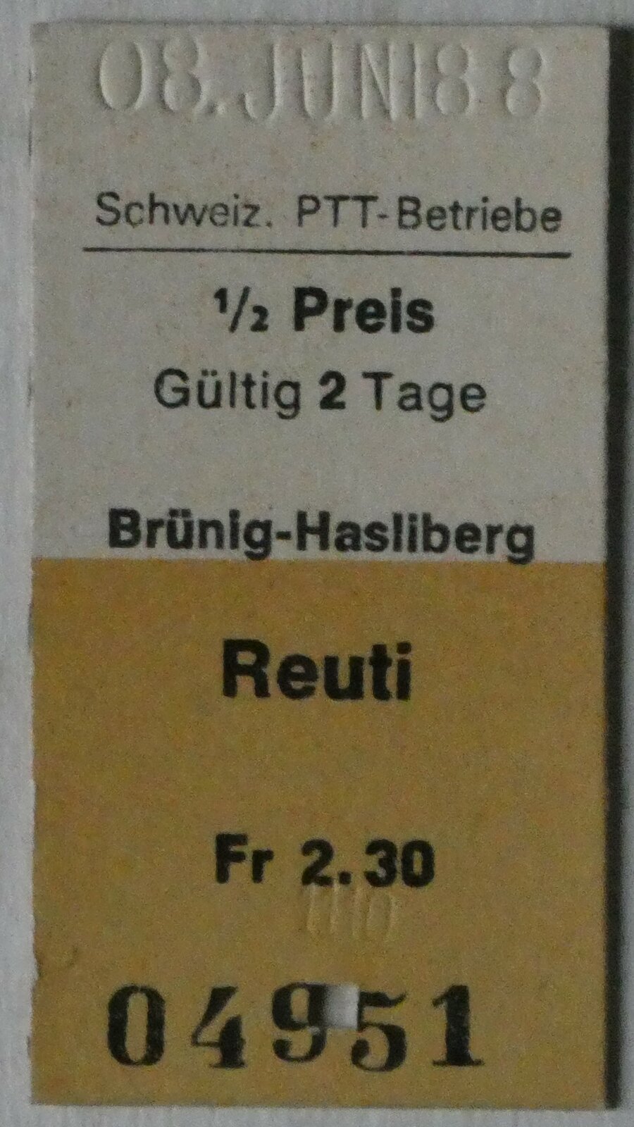 (245'093) - PTT-Einzelbillet vom 8. Juni 1988 am 16. Januar 2023 in Thun