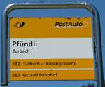(252'619) - PostAuto-Haltestellenschild - Turbach, Pf�ndli - am 11. Juli 2023