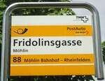 (138'688) - PostAuto-Haltestellenschild - M�hlin, Fridolinsgasse - am 6.