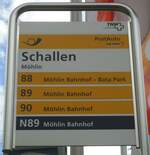 (138'693) - PostAuto-Haltestellenschild - M�hlin, Schallen - am 6.