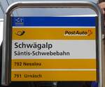 (163'242) - PostAuto-Haltestellenschild - Sch�galp, S�ntis-Schwebebahn - am 2.