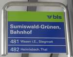 (217'973) - bls-Haltestellenschild - Sumiswald-Gr�nen, Bahnhof - am 14. Juni 2020