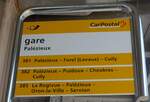(195'572) - PostAuto-Haltestellenschild - Pal�zieux, gare - am 5. August 2018