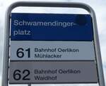 (182'659) - ZVV-Haltestellenschild - Z�rich, Schwamendingerplatz - am 3.